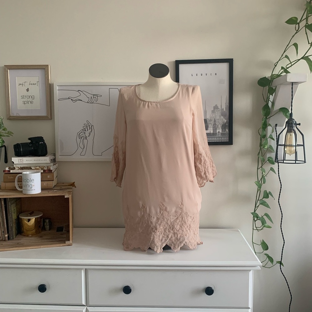 Blush pink shift dress with sleeves and detail